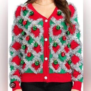 Tipsy Elves Red Cardigan with Silver and Green Accents